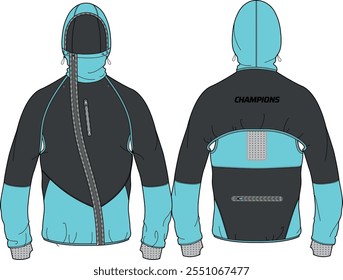 Trail running Windcheater Hoodie jacket design flat sketch Illustration, Hooded windbreaker jacket with front and back view, winter jacket for Men and women. for hiker, outerwear in winter