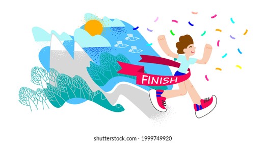 Trail Running, winner. Runner crossing finish line with red ribbon. Finisher of marathon with confetti. Athlete running a distance outdoors.