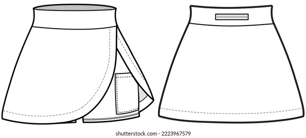 falda de trazo plano dibujo vectorial ilustración de mujeres falda deportiva con pesas de compresión para correr de senderos al aire libre, tenis, bádminton, gimnasia. plantilla técnica de dibujo de cad de borde delantero y posterior