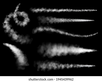 Trail smoke plane. White airplane trails takeoff jet. Missile, shuttle or spaceship contrails, falling comet or meteor transparent steam. Vapor condensation. Vector realistic isolated set