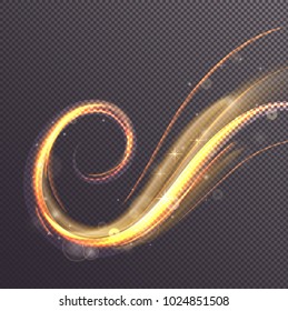 Trail or tail of light particle at transparent background. Glowing light wave or golden energy glitter, yellow sparkle or fire flow. Backdrop for disco or magical entertainment flyer, luminosity theme