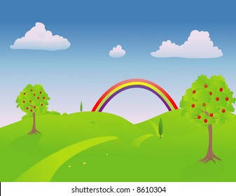 Im Frühling durch die Landschaft mit Regenbogen am Ende