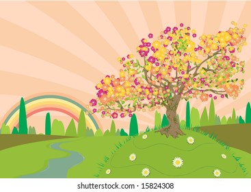 Trail through the countryside in summertime with a rainbow at the end