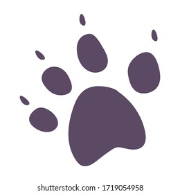 Trail of a wolf, dog, tiger, wild animal with claws. Paw print silhouette isolated on white background. Vector illustration for logotype of travel goods, forestry, rangers, trasology.