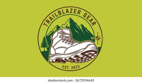 Trailblazer Gear logo featuring a hiking boot, mountains, and trees, perfect for outdoor adventures and exploration. Established in 2023.