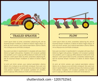 Trailed sprayer and plow set of posters. Agricultural machinery for cultivation. Machines with reservoir for liquids, plowing device on field vector