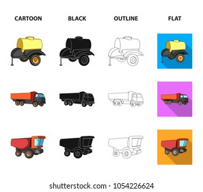 Trailer with a barrel, truck and other agricultural devices. Agricultural machinery set collection icons in cartoon,black,outline,flat style vector symbol stock illustration web.