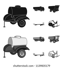 Trailer with a barrel, truck and other agricultural devices. Agricultural machinery set collection icons in black,monochrom style vector symbol stock illustration web.