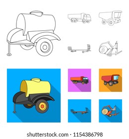 Trailer with a barrel, truck and other agricultural devices. Agricultural machinery set collection icons in outline,flat style vector symbol stock illustration web.