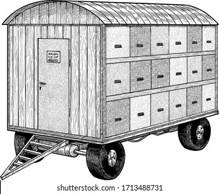 Trailer with beehives illustration, drawing, engraving, ink, line art, vector