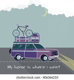 The trailer with the trailer and bike on the background of a landscape.Trailer and camping retro background  vector illustration.