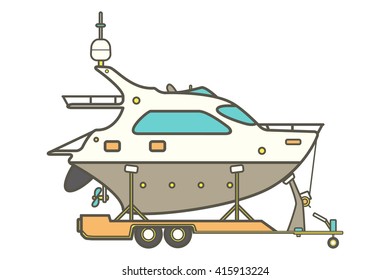 Trailer boat. Pleasure boat.  Yacht icon. Family travel.  Isolated on a  White Background.