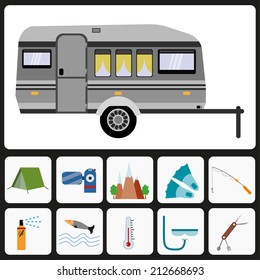 Trailer camp, caravan camper van, camping and traveling icons set, isolated on white