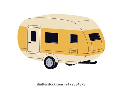 Trailer, Campingwagen. Wohnmobil, Wohnmobil. Mobiles Haus auf Rädern, Wohnmobil für Abenteuer. Festliche Musik Transport nach Hause, Wohnmobil, Freizeitfahrzeug. Flache Vektorillustration isoliert auf weißem Hintergrund