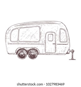 Trailer for camping tourism, cartoon sketch illustration of travel equipment. Vector