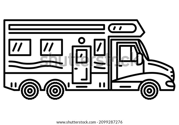 Trailer\
for car travel. A recreational vehicle. Family tourism, camping.\
Vector icon, outline, isolated. Editable\
stroke