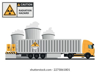 Trailer container for the transport of radioactive waste. Radioactive waste management. Warning Radioactive material. Industrial safety and occupational health at work