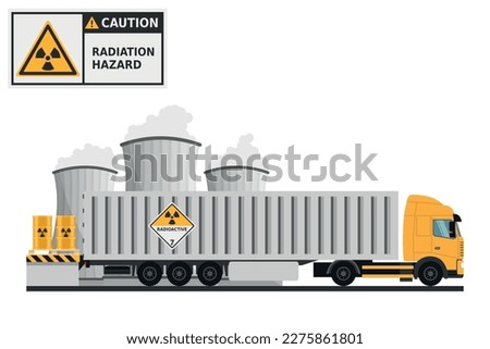 Trailer container for the transport of radioactive waste. Radioactive waste management. Warning Radioactive material. Industrial safety and occupational health at work