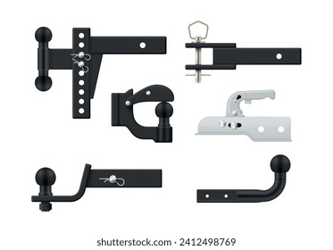 Trailer coupling mechanism for cargo transportation caravan vehicle set realistic vector illustration. Metallic equipment screw gear freight transport passenger truck camper boat van tanker