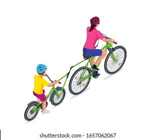 Trailer cycle or Bicycle attachment. Co-pilot bicycle mother and young son bicycling together on a tandem bike in the summer. Rear view