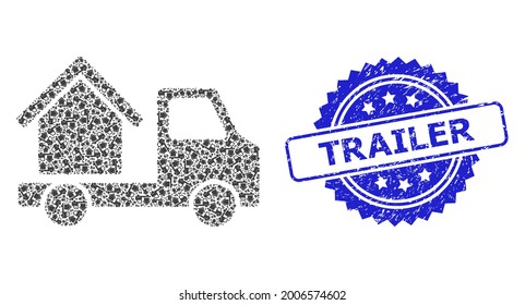 Trailer dirty stamp seal and vector recursion collage house trailer. Blue stamp contains Trailer text inside rosette. Vector collage is done of randomized rotated house trailer items.