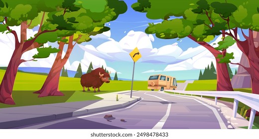 Trailer driving highway on summer vacation. Vector cartoon illustration of family van on curvy road, cute bull grazing on grass in wild nature park, green forest trees, clouds in blue sunny sky