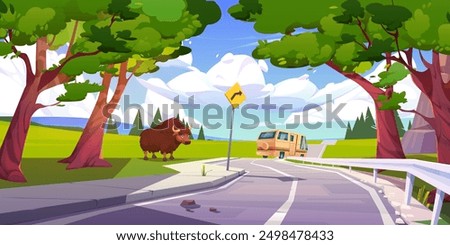 Trailer driving highway on summer vacation. Vector cartoon illustration of family van on curvy road, cute bull grazing on grass in wild nature park, green forest trees, clouds in blue sunny sky