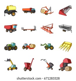 Trailer, dumper, tractor, loader and other equipment. Agricultural machinery set collection icons in cartoon style vector symbol stock illustration web.