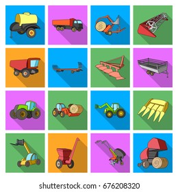 Trailer, dumper, tractor, loader and other equipment. Agricultural machinery set collection icons in flat style vector symbol stock illustration web.