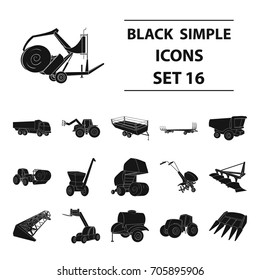 Trailer, dumper, tractor, loader and other equipment. Agricultural machinery set collection icons in black style vector symbol stock illustration web.