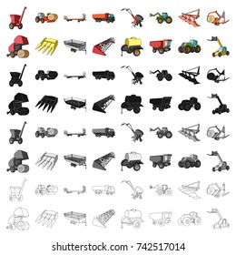 Trailer, dumper, tractor, loader and other equipment. Agricultural machinery set collection icons in cartoon style vector symbol stock illustration web.