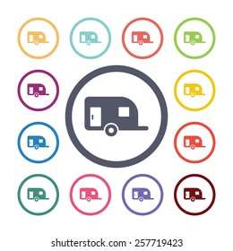 trailer flat icons set. Open colorful buttons 