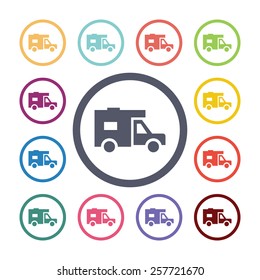 trailer flat icons set. Open colorful buttons 