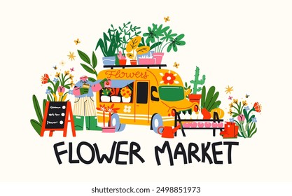 Trailer flower shop with counters of bouquets of flowers and plants. Cartoon van car shops gardener sells leaves, roses, seedlings, fertilizers, succulents. Farmer's market, street fair. Bus shop 