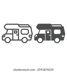 Trailer house vehicle line and solid icon, real estate concept. Vector graphics. Truck with home, wheels sign on white background, outline style icon for mobile or web design