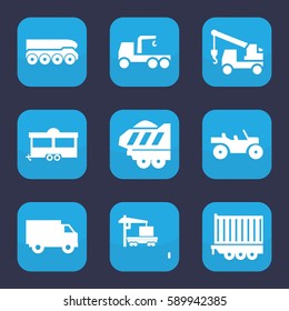 trailer icon. Set of 9 filled trailer icons such as truck with hook