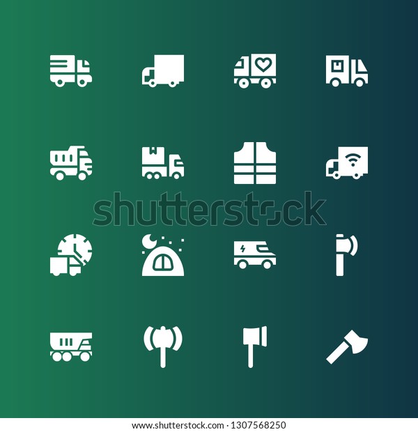 trailer icon set.
Collection of 16 filled trailer icons included Ax, Truck, Camping,
Delivery truck,
Lifejacket