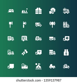 trailer icon set. Collection of 25 filled trailer icons included Truck, Delivery truck, Camp, Lifejacket, Ax, Trailer, Camping