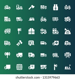 trailer icon set. Collection of 36 filled trailer icons included Camping, Ax, Truck, Delivery truck, Vehicle, Trailer, Lifejacket, Van