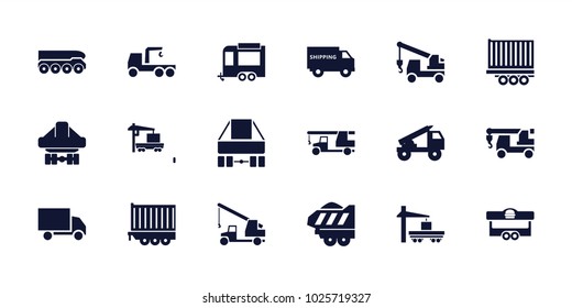 Trailer icons. set of 18 editable filled trailer icons: truck with hook, cargo truck