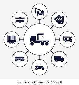 trailer icons set. Set of 9 trailer filled icons such as truck with hook, weapon truck