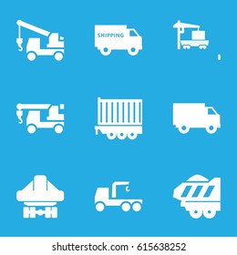 Trailer icons set. set of 9 trailer filled icons such as truck with hook, cargo truck, cargo plane back view