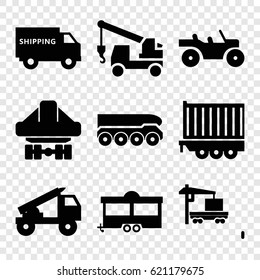 Trailer icons set. set of 9 trailer filled icons such as truck with hook, cargo truck
