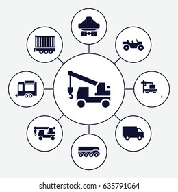 Trailer icons set. set of 9 trailer filled icons such as truck with hook, cargo truck