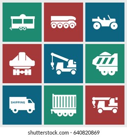 Trailer icons set. set of 9 trailer filled icons such as truck with hook, cargo plane back view, weapon truck