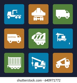 Trailer icons set. set of 9 trailer filled icons such as truck with hook, cargo truck, cargo plane back view