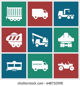 Trailer icons set. set of 9 trailer filled icons such as truck with hook, cargo plane back view