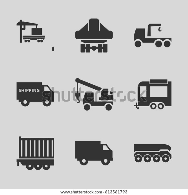 Trailer icons set. set of 9 trailer filled\
icons such as truck with hook, cargo\
truck