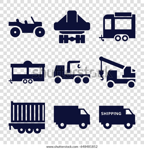Trailer icons set. set of 9 trailer\
filled icons such as truck with hook, cargo plane back\
view