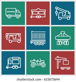 Trailer icons set. set of 9 trailer outline icons such as truck with hook, cargo truck